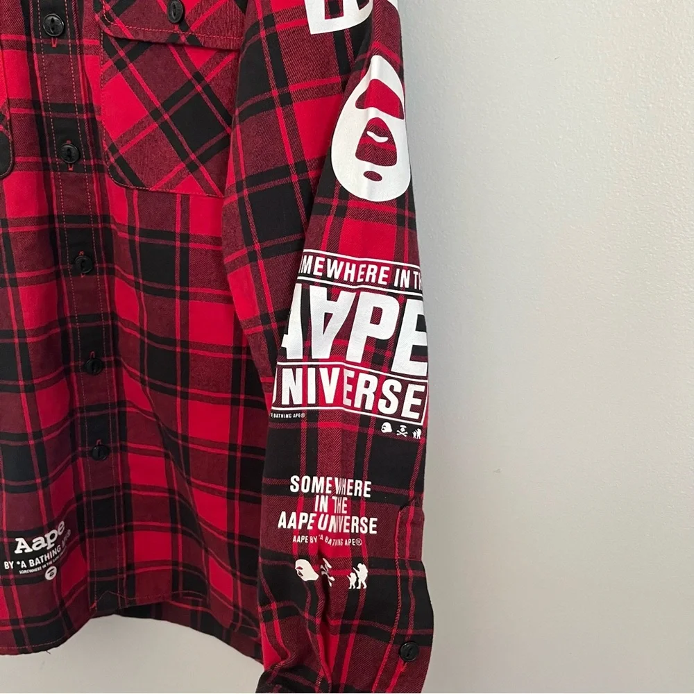 Aape A Bathing Ape Flannel Black And Red Button Down Thermal Fleece Men's Size M - Picture 7 of 10